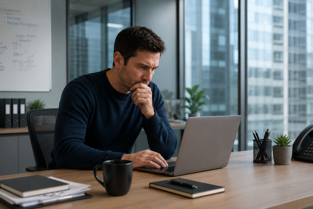 Founder frozen at desk illustrating fear-based hiring indecision
