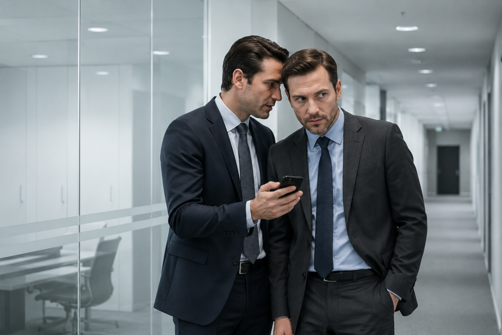 Two executives whispering in a hallway illustrating backdoor references in hiring