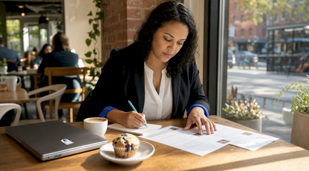 SaaS recruiter reviewing candidate resumes in office