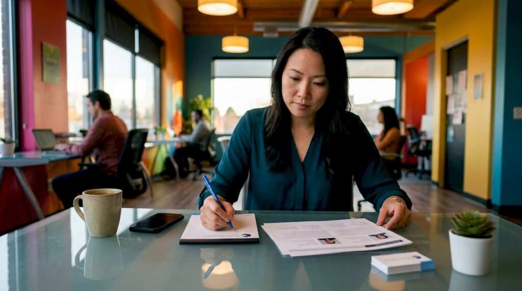 Recruiter reviewing resumes at office desk