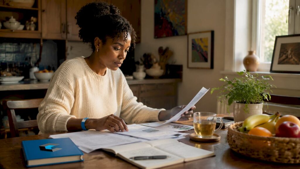 Recruiter reviewing resumes at home office