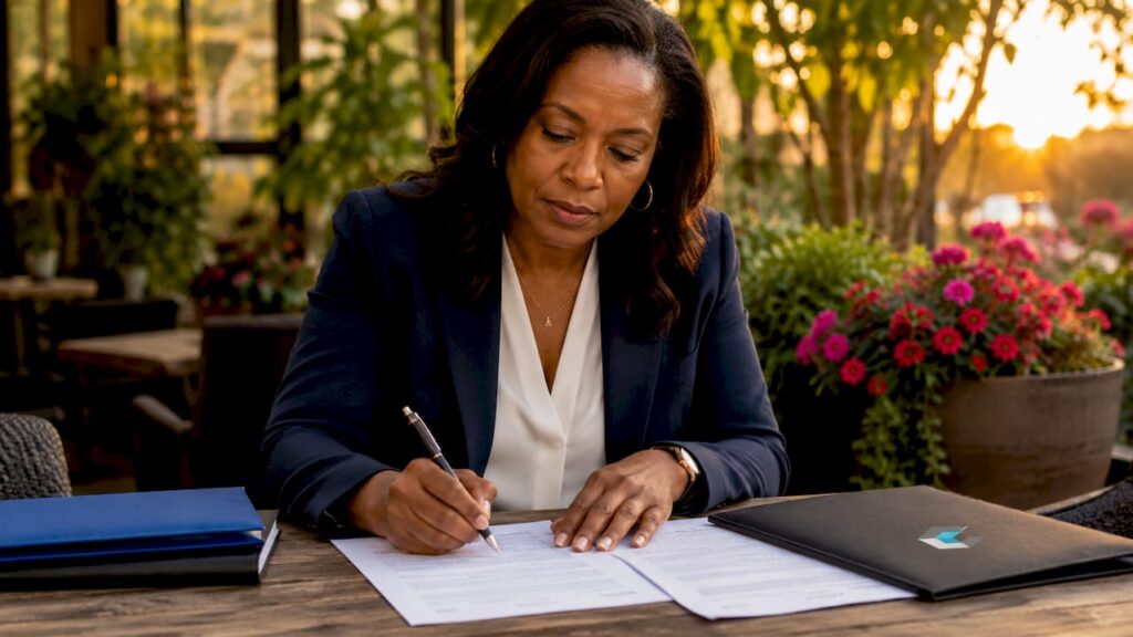Recruiter reviewing candidate resumes in conference room