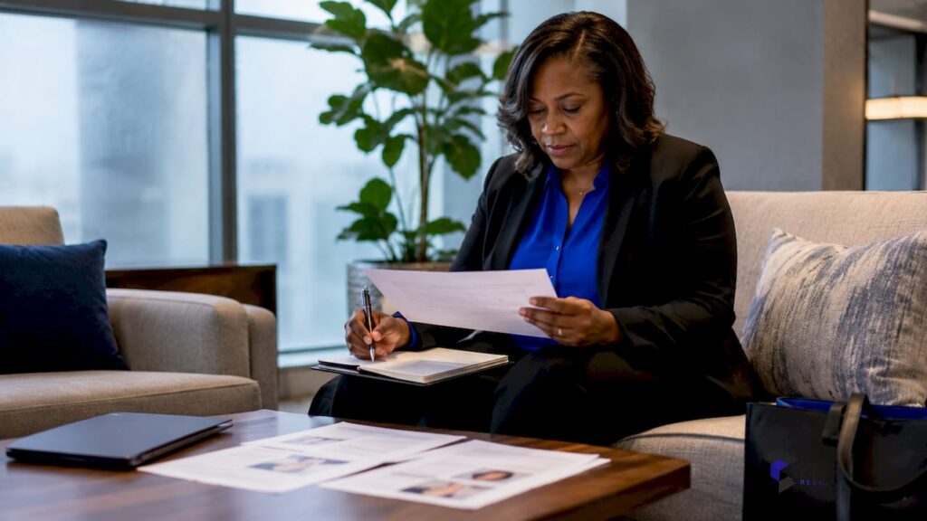 Consultant reviewing candidate profiles in office