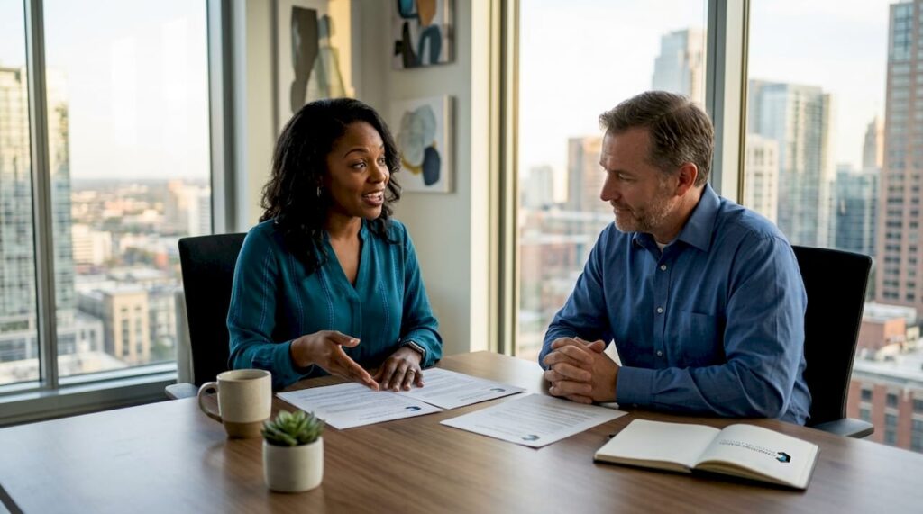 Recruiter and manager discussing candidate profiles