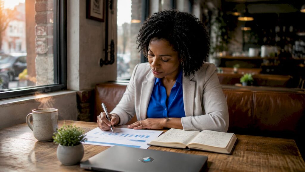 Woman studying SaaS sales roles chart at desk