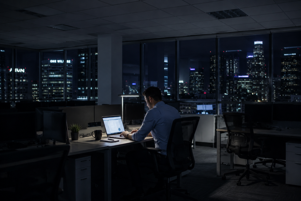 Professional working alone late at night representing what it takes to earn your success