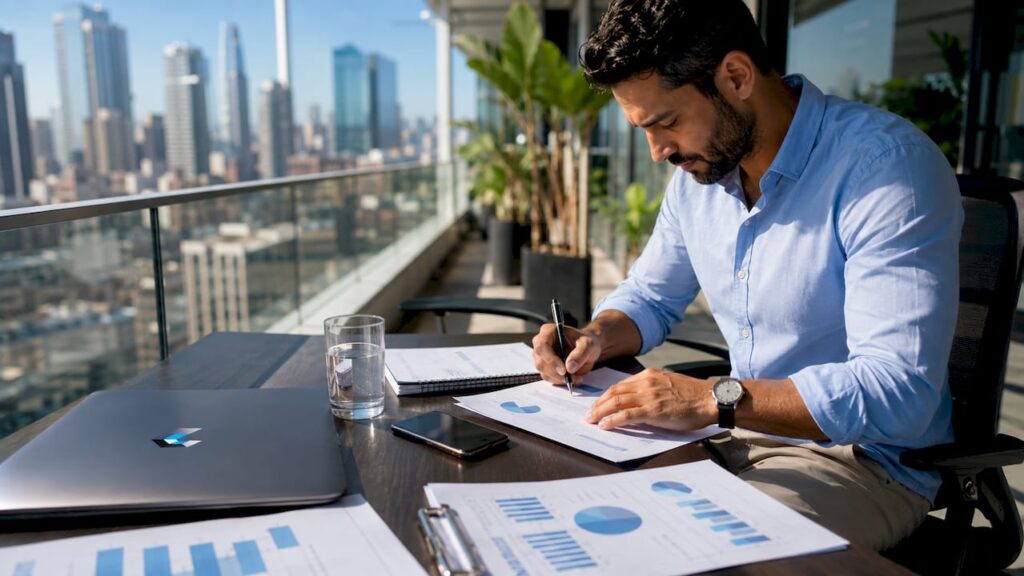 Sales professional reviewing SaaS sales checklist