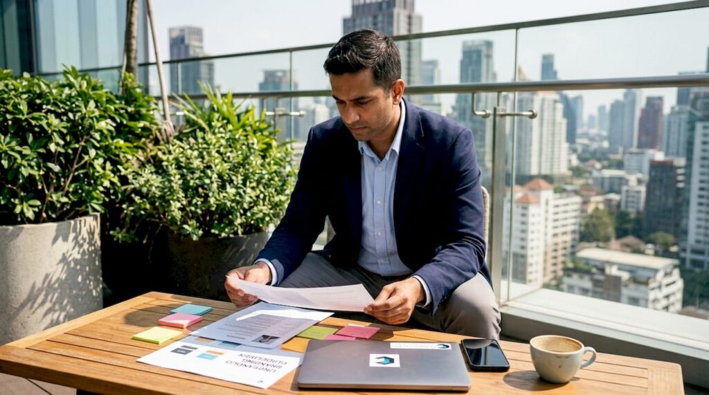 Man reviewing hiring documents in office