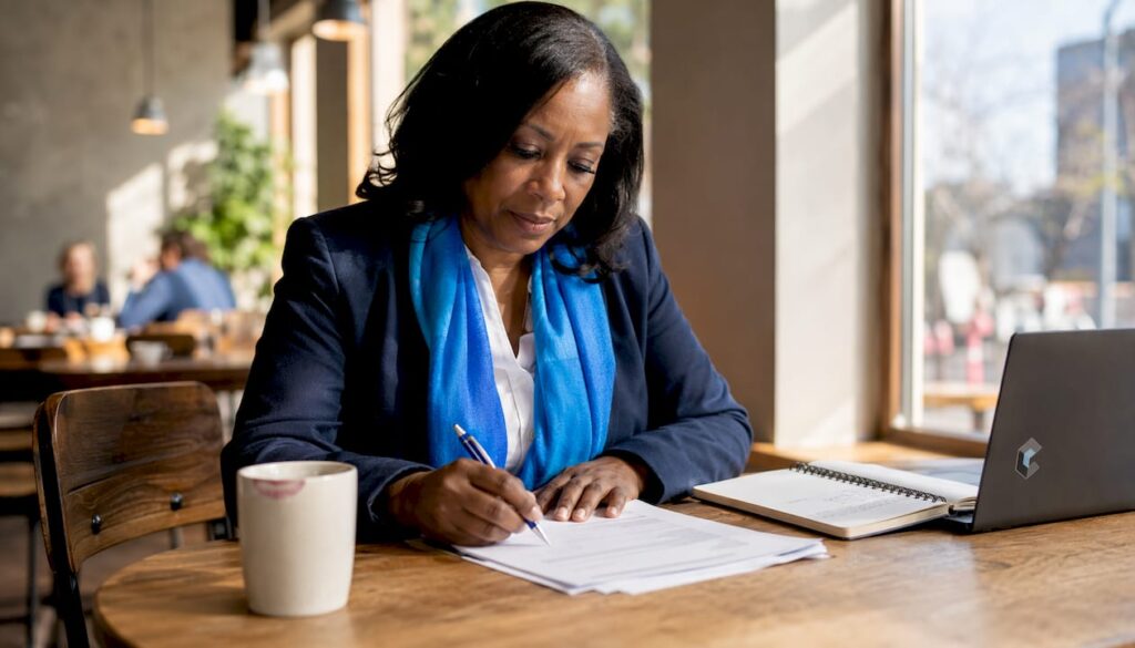 Recruiter reviewing non-compete agreements at desk