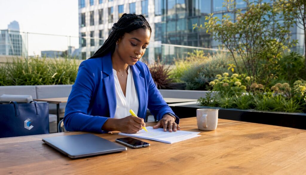 Account executive reviewing contract at desk