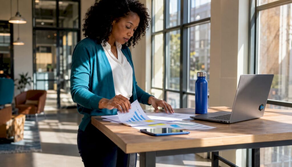 Sales manager reviewing coaching notes in office