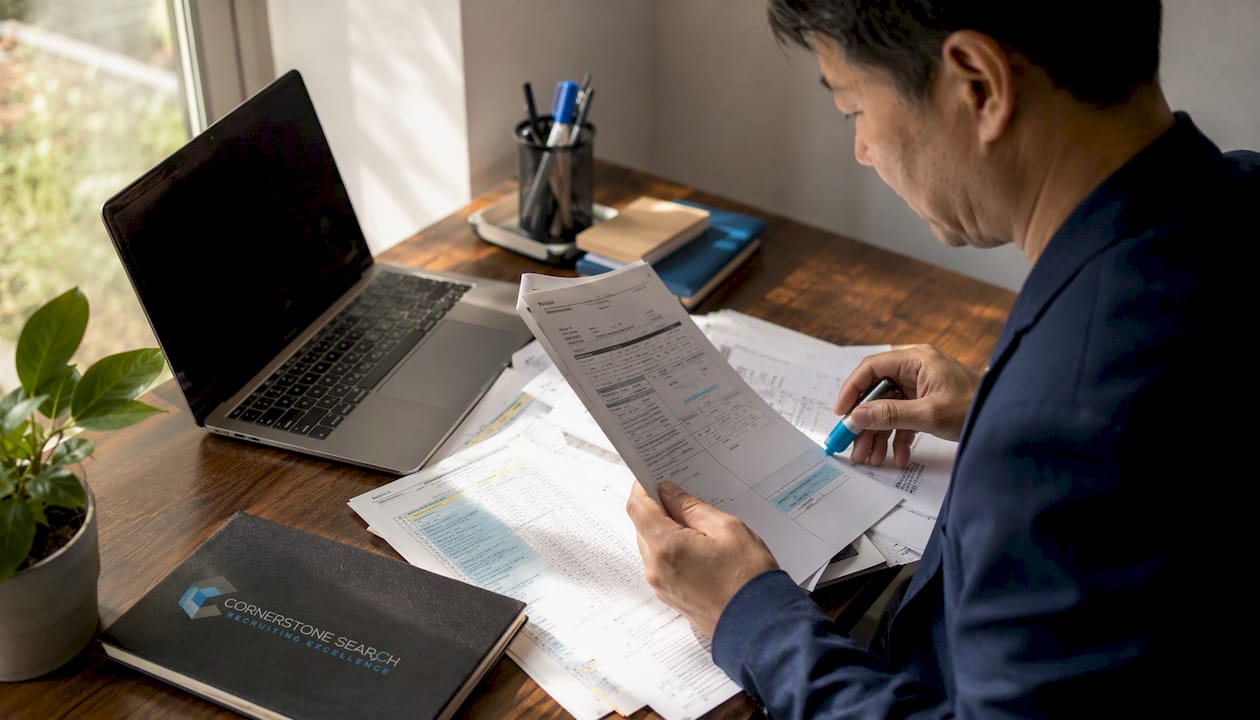 Recruiter reviewing pay stub documents