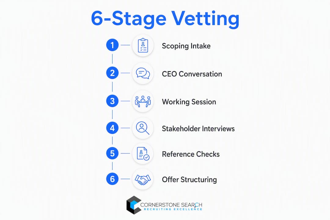 Infographic showing 6-stage revenue leader vetting process
