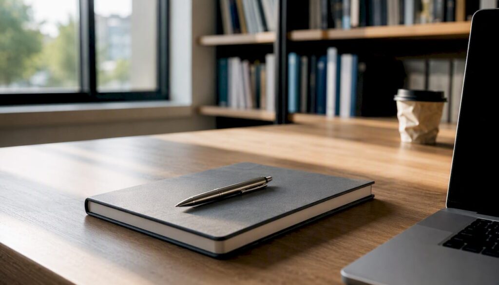 Notebook and pen near dark laptop corner
