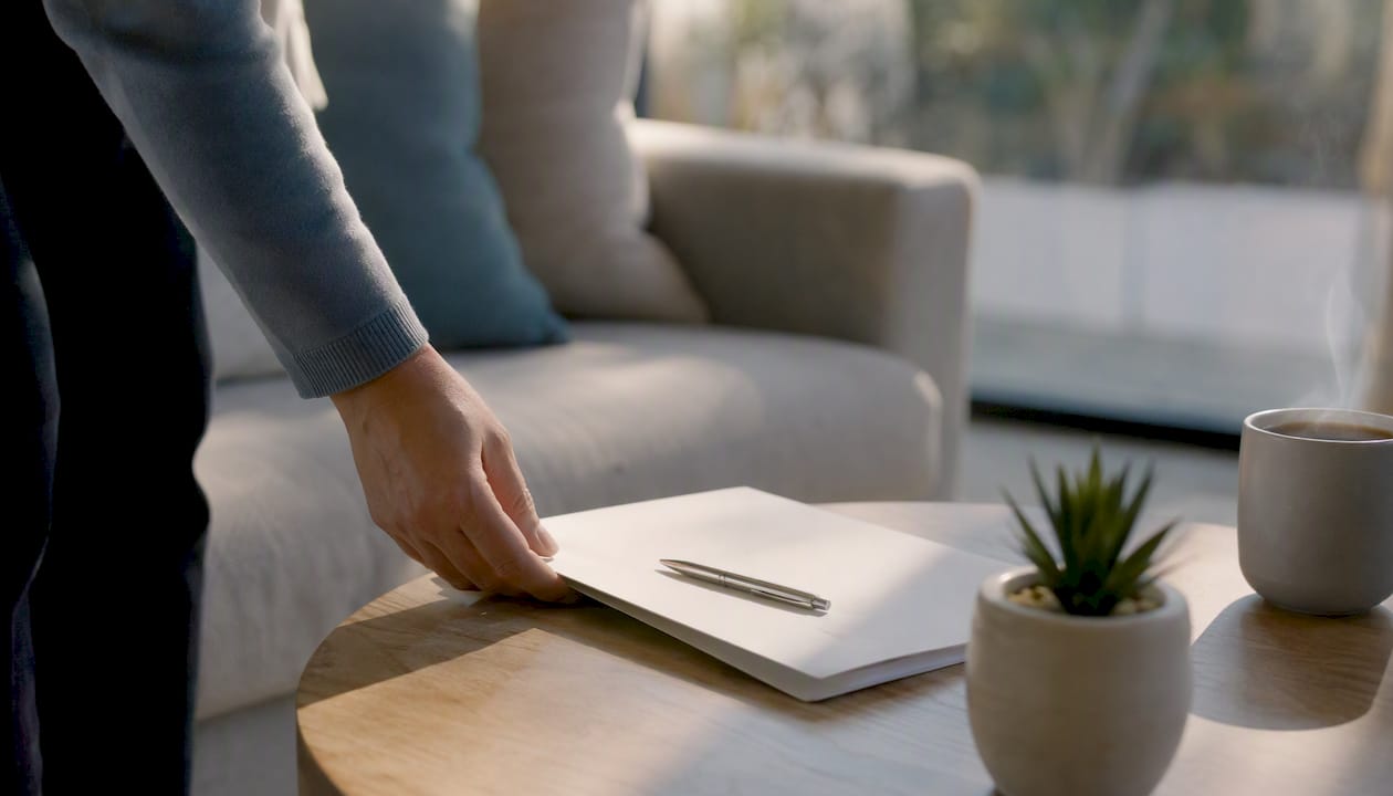 Hand arranging briefing materials on table