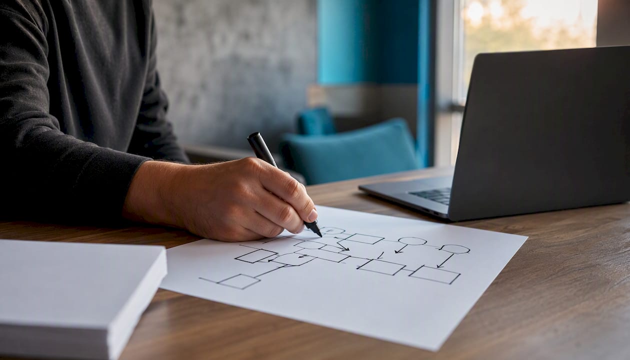 Hand connecting points on sales growth flowchart