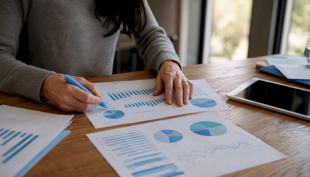 Hands arranging sales hiring data charts