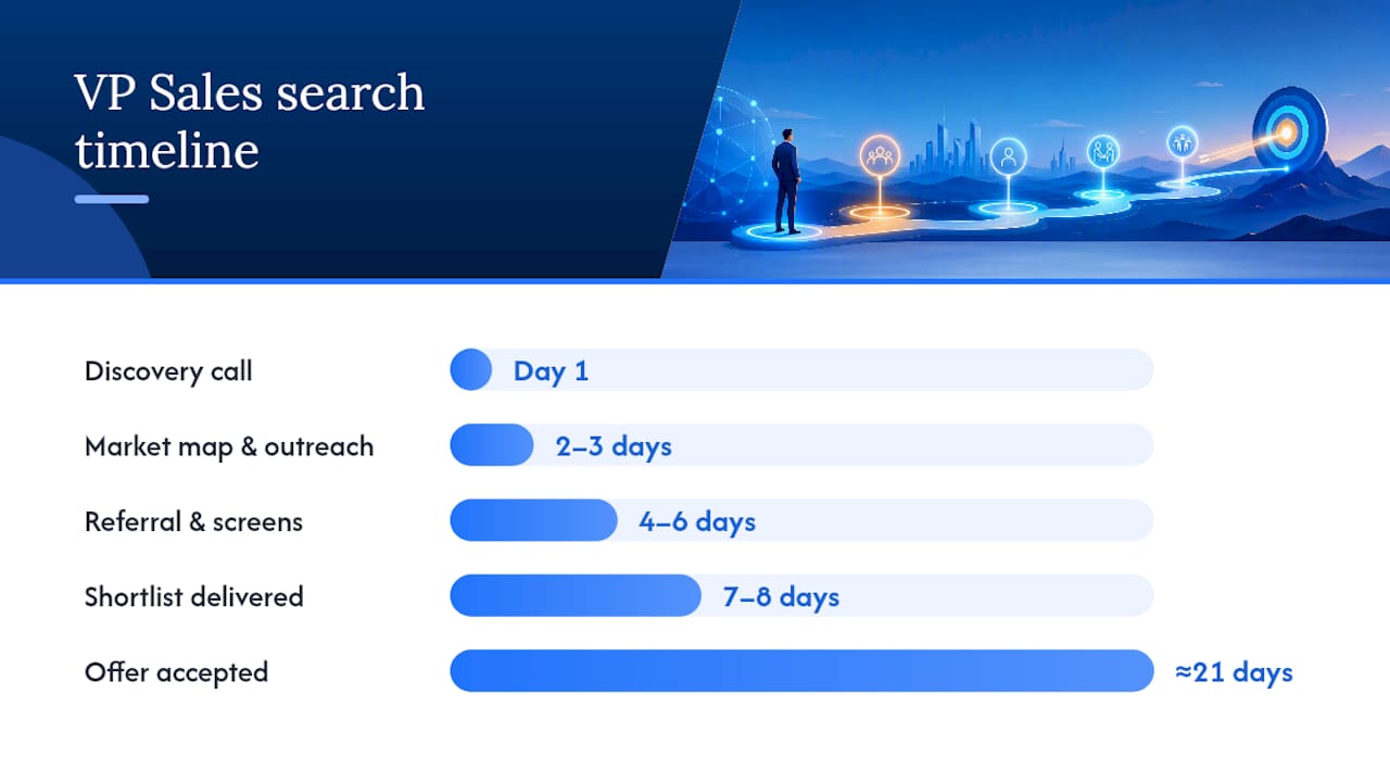 VP Sales search 21-day timeline infographic