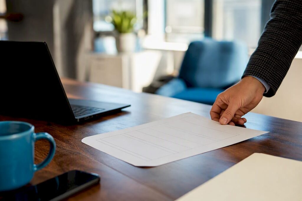 Recruiter's hand placing interview scorecard on table