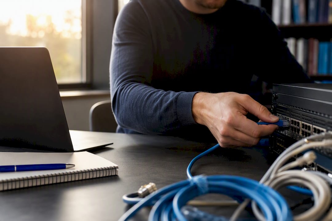 Hands plugging network cable into device