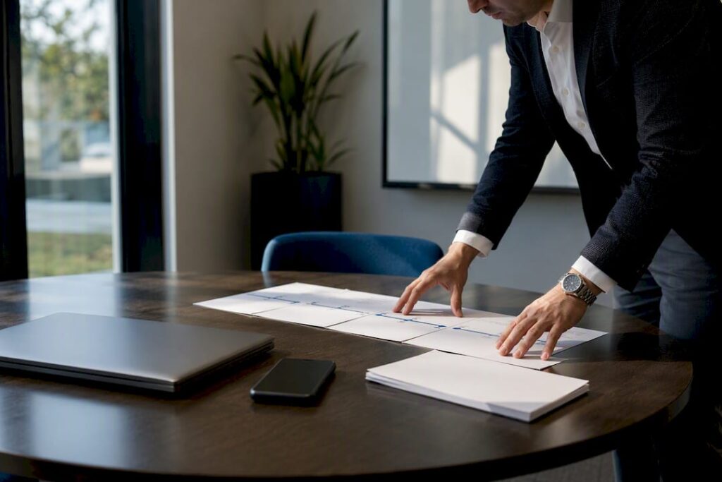 Hands arranging VP hiring timeline on table